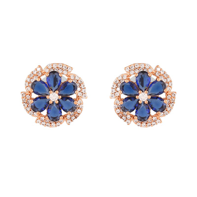 Estele Rose Gold Plated CZ Floral Designer Stud Earrings with Blue Stones for Women