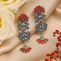 Estele Silver Oxidized Plated Marvelous Meenakari Dangle Earrings with Blue & Red Enamel for Women