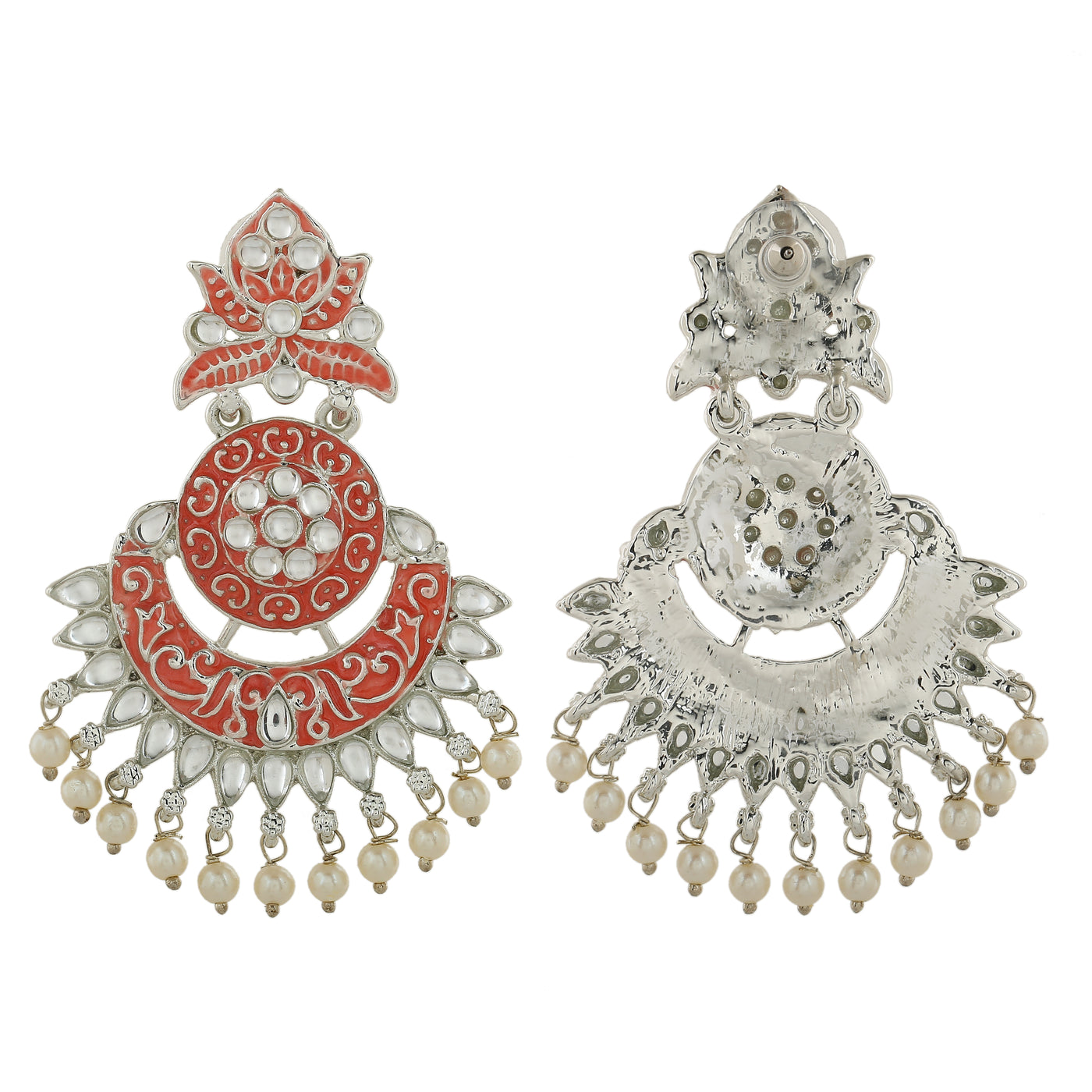 Estele Rhodium Plated Traditional Pink Meenakari Drop Earrings with Pearl for Women