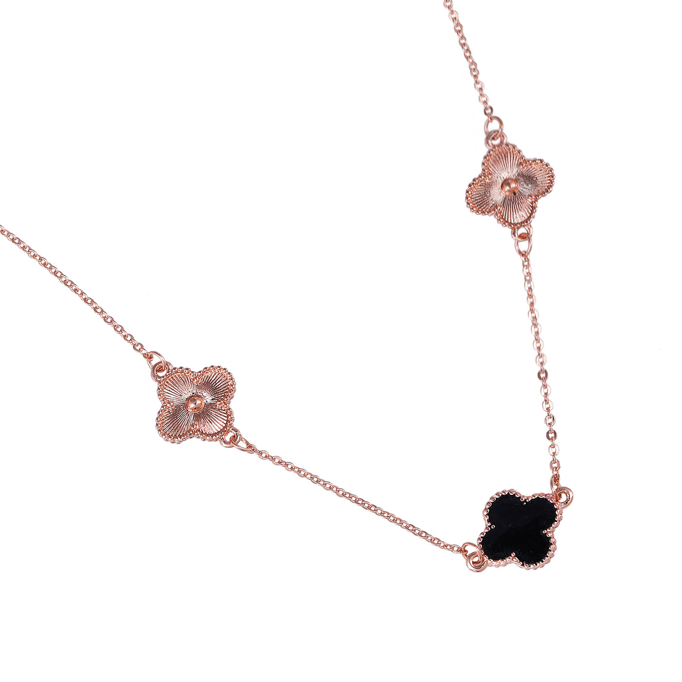 Estele Rosegold Plated Black Enamel Elegant Four Leafy Designer Long Pendant Necklace with Adjustable Chain for Women and Girls