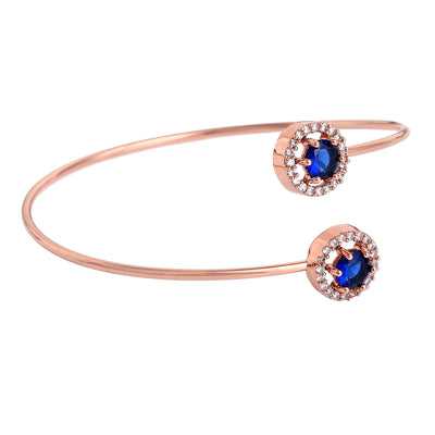 Estele Rosegold Plated Trendy and Comfortable Lightweight Cuff Kada Bracelet with Classic Blue Stones for Girls & Women