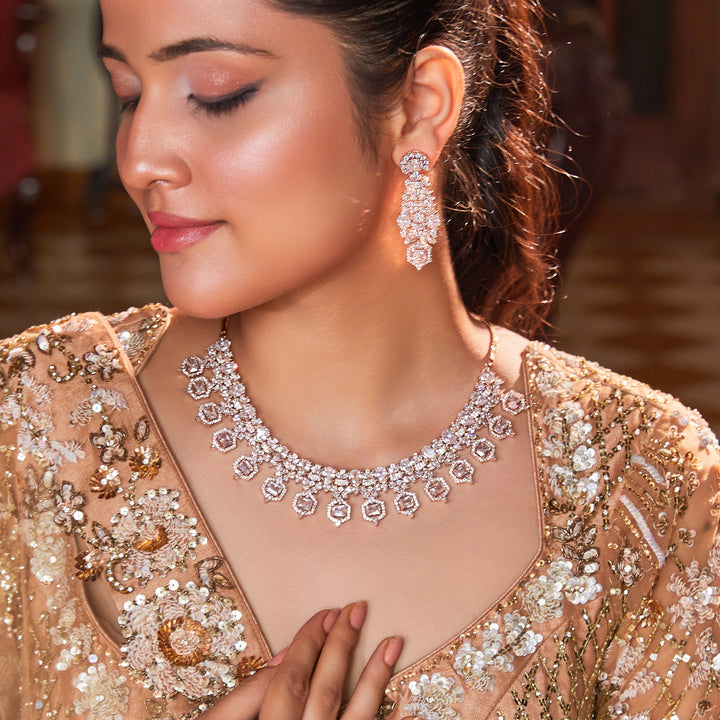 Estele Rhodium Plated CZ Astonishing Necklace Set for Women