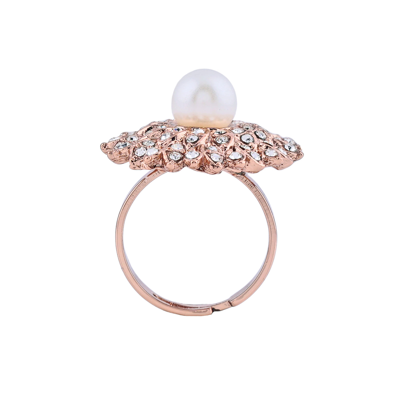 Estele Rose Gold Plated Adjustable Flower Designer Finger Ring with Crystals for Women