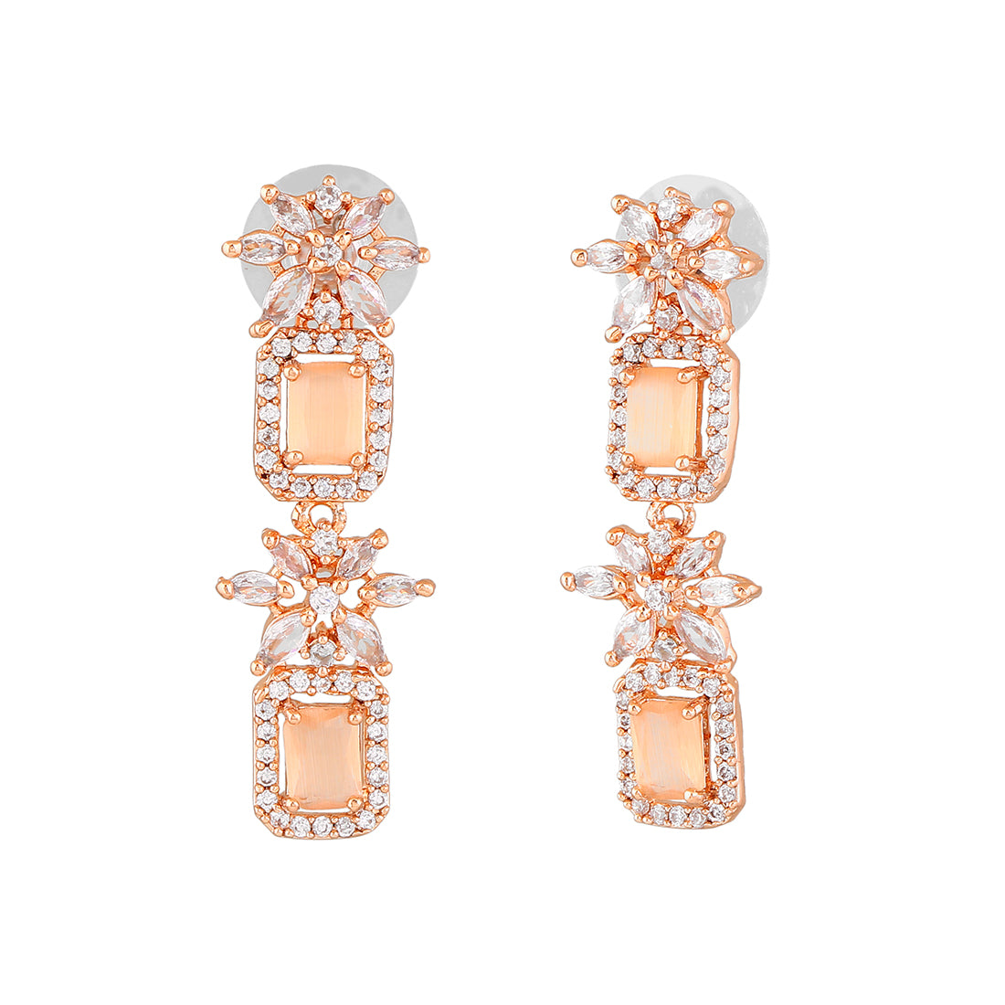 Estele Rose Gold Plated CZ Scintillating Drop Earrings with Mint Orange Crystals for Women