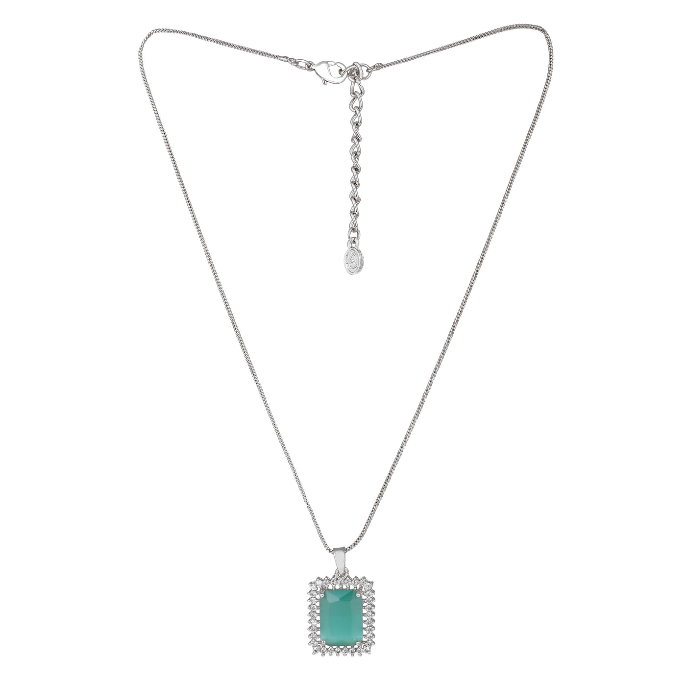 Estele Rhodium Plated CZ Square Designer Pendant set with Mint Green Stones for Women