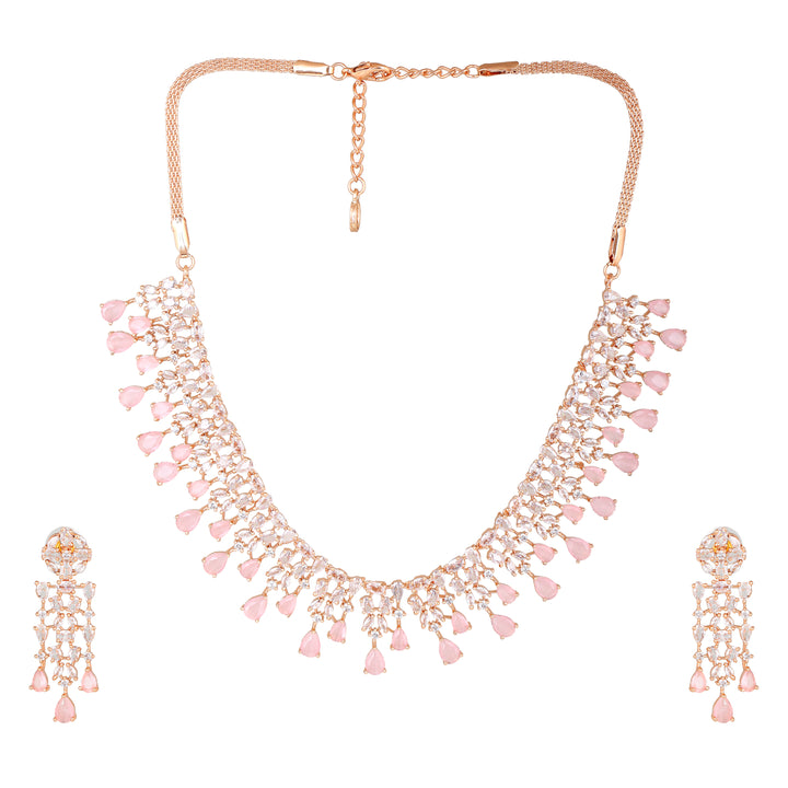 Estele Rose Gold Plated CZ Sparkling Necklace Set with Mint Pink Stones for Women