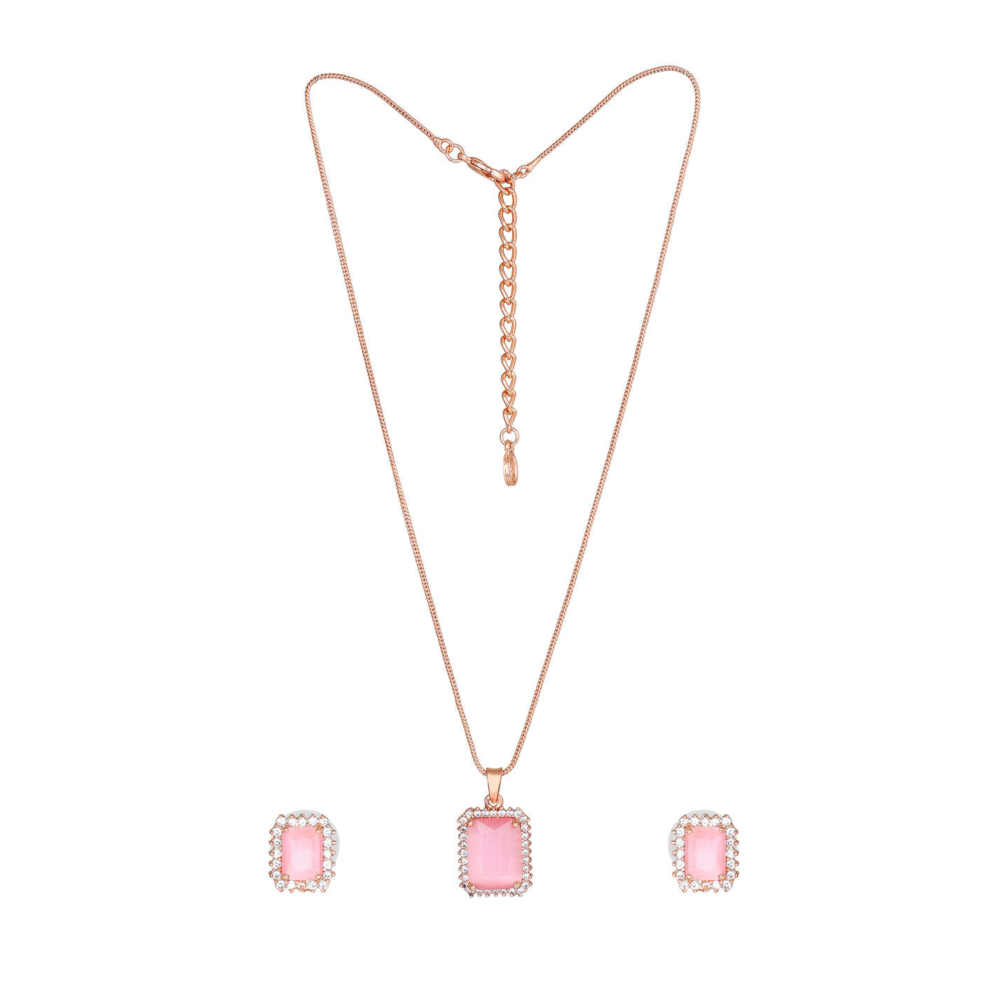 Estele Rose Gold Plated CZ Attractive Square Designer Pendant Set with Mint Pink Crystals for Women