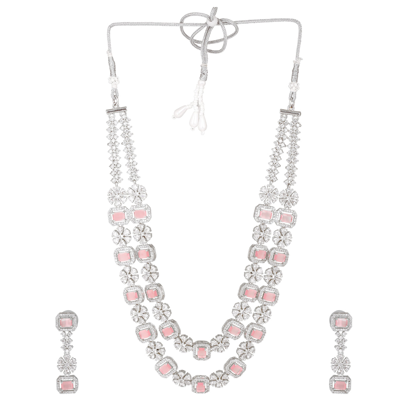 Estele Rhodium Plated CZ Fascinating Double Layered Necklace Set with Mint Pink and White Crystals for Women