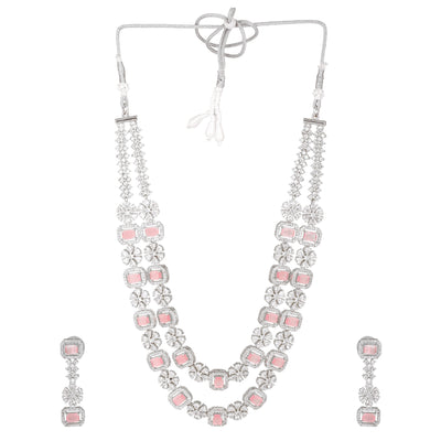 Estele Rhodium Plated CZ Fascinating Double Layered Necklace Set with Mint Pink and White Crystals for Women