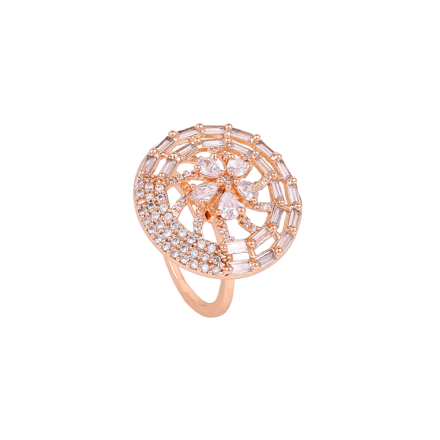 Estele Rose Gold Plated CZ Flower Designer Finger Ring for Women(Adjustable)