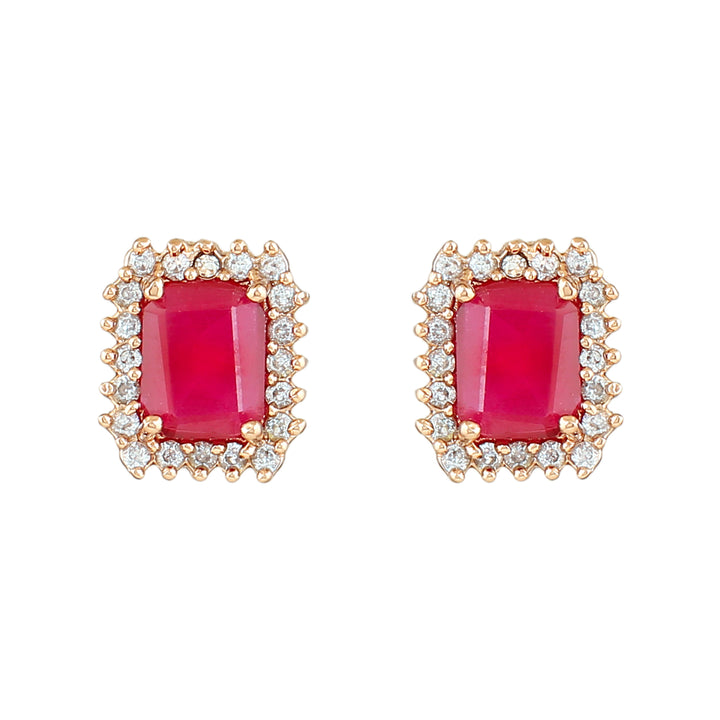 Estele Rose Gold Plated CZ Square Designer Stud Earrings with Ruby Stones for Women