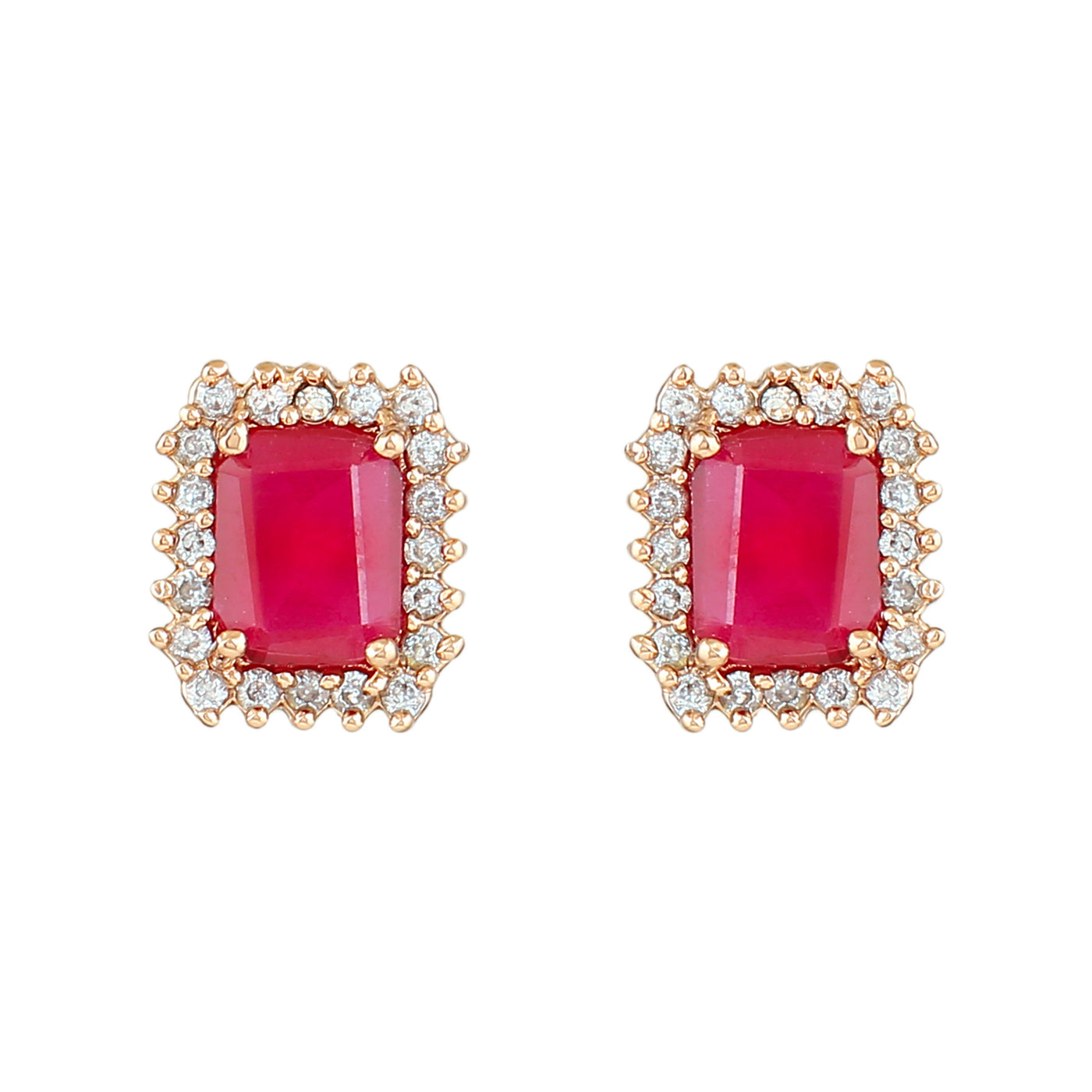 Estele Rose Gold Plated CZ Square Designer Stud Earrings with Ruby Stones for Women