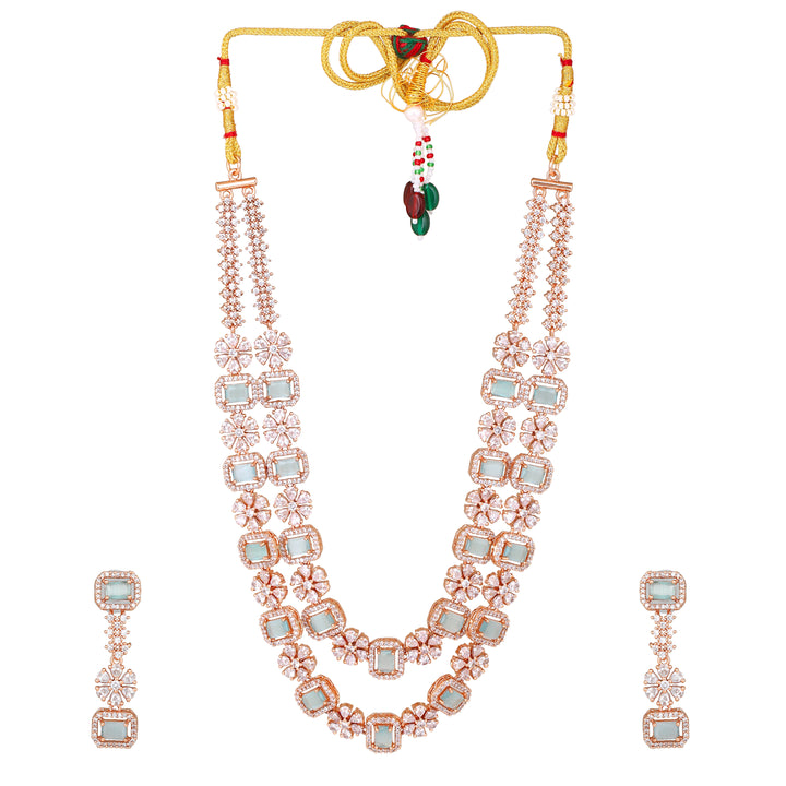 Estele Rose Gold Plated CZ Ravishing Necklace Set with Mint Green Stones for Women