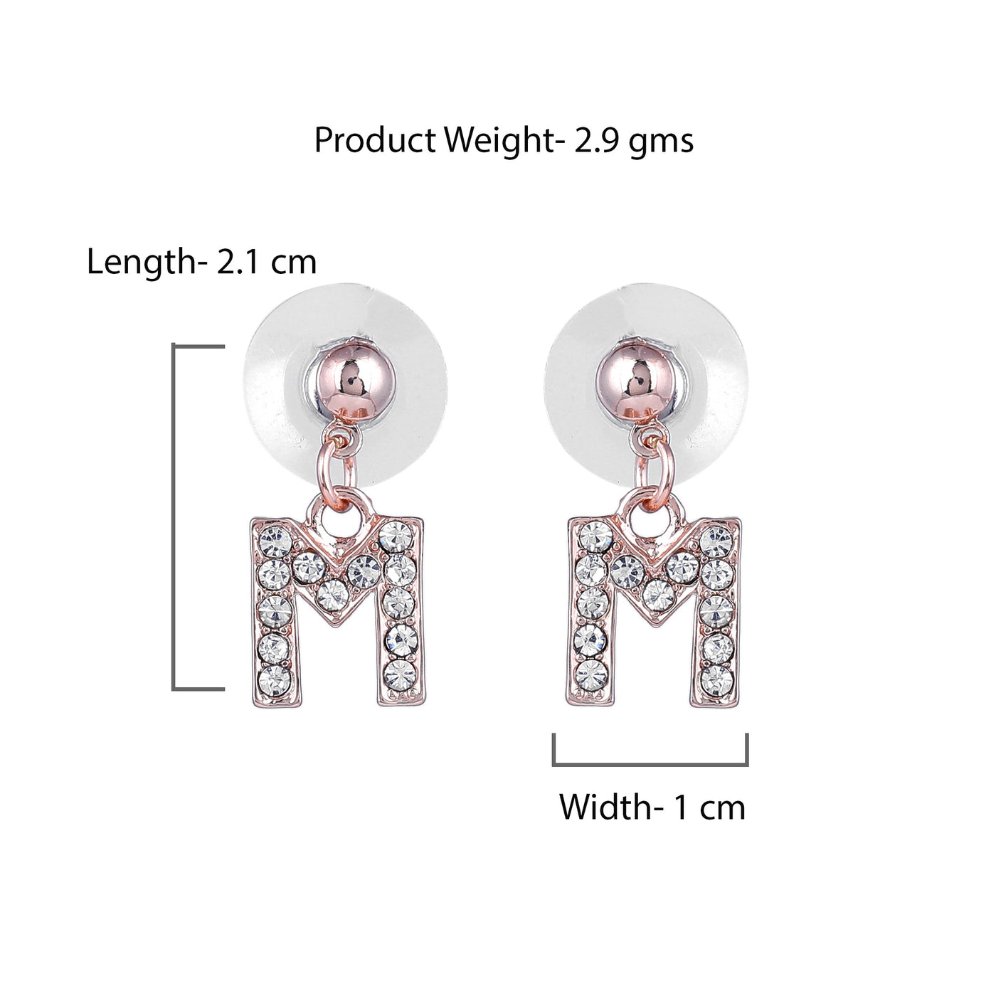 Estele Rose Gold Plated Magnificent Medium 'M' Letter Earrings with Crystals for Women