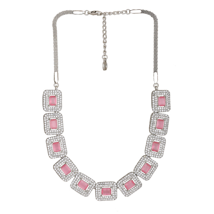 Estele Rhodium Plated CZ Ravishing Necklace Set with Mint Pink for Women