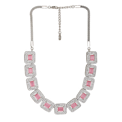 Estele Rhodium Plated CZ Ravishing Necklace Set with Mint Pink for Women