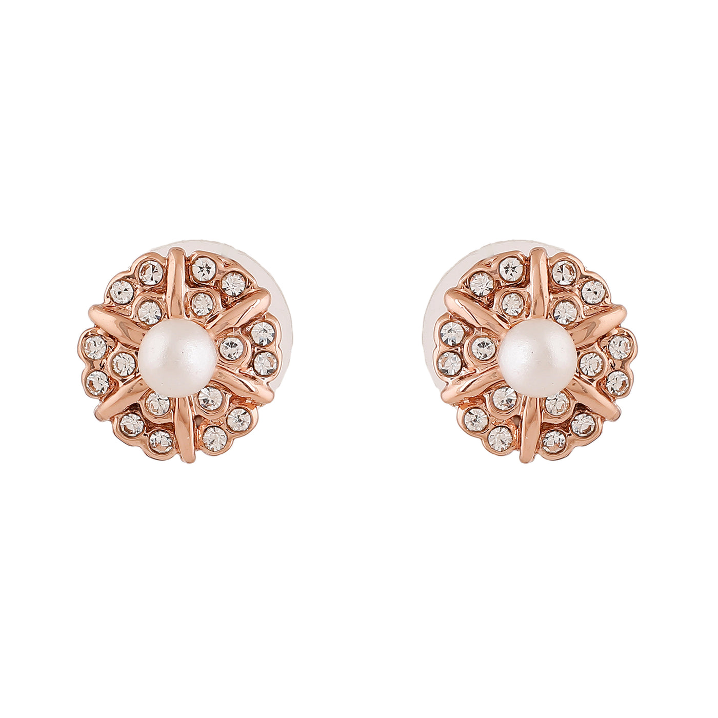 Estele Rose Gold Plated Flower Designer Stud Earrings with Crystals for Women