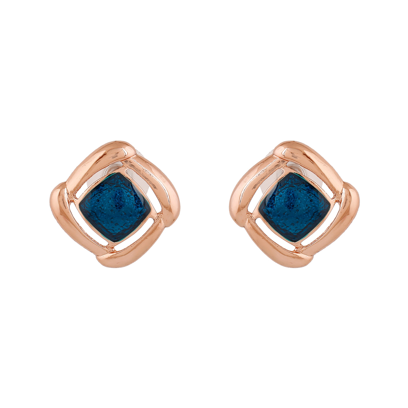 Estele Rose Gold Plated Mosaic Pattern Stud Earrings with Blue Enamel for Women