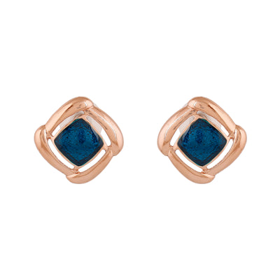 Estele Rose Gold Plated Mosaic Pattern Stud Earrings with Blue Enamel for Women