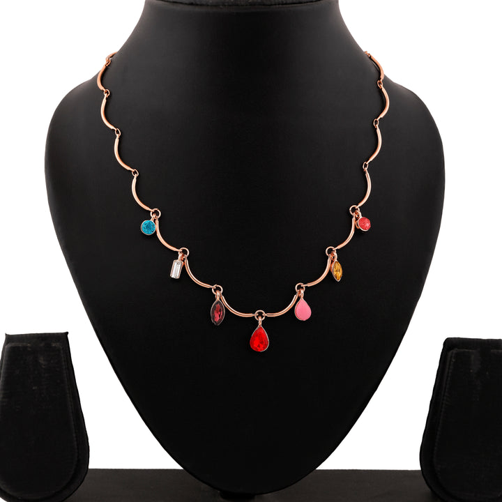 Estele Rose Gold Plated Sparkling charm Necklace with Multi-color Crystals for Women
