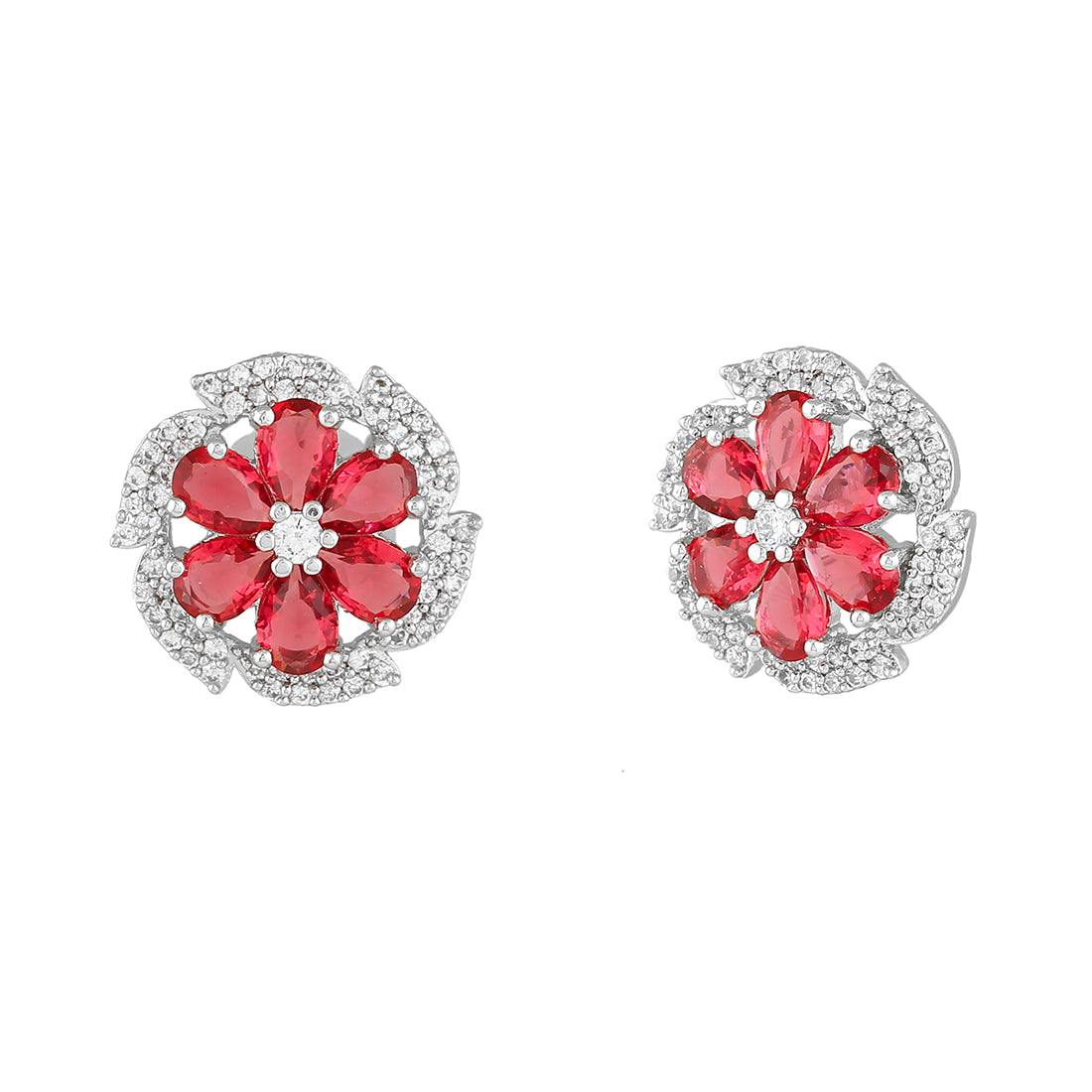 Estele Rhodium Plated CZ Lovely Blossom Stud Earrings with Tourmaline Pink Stones for Women