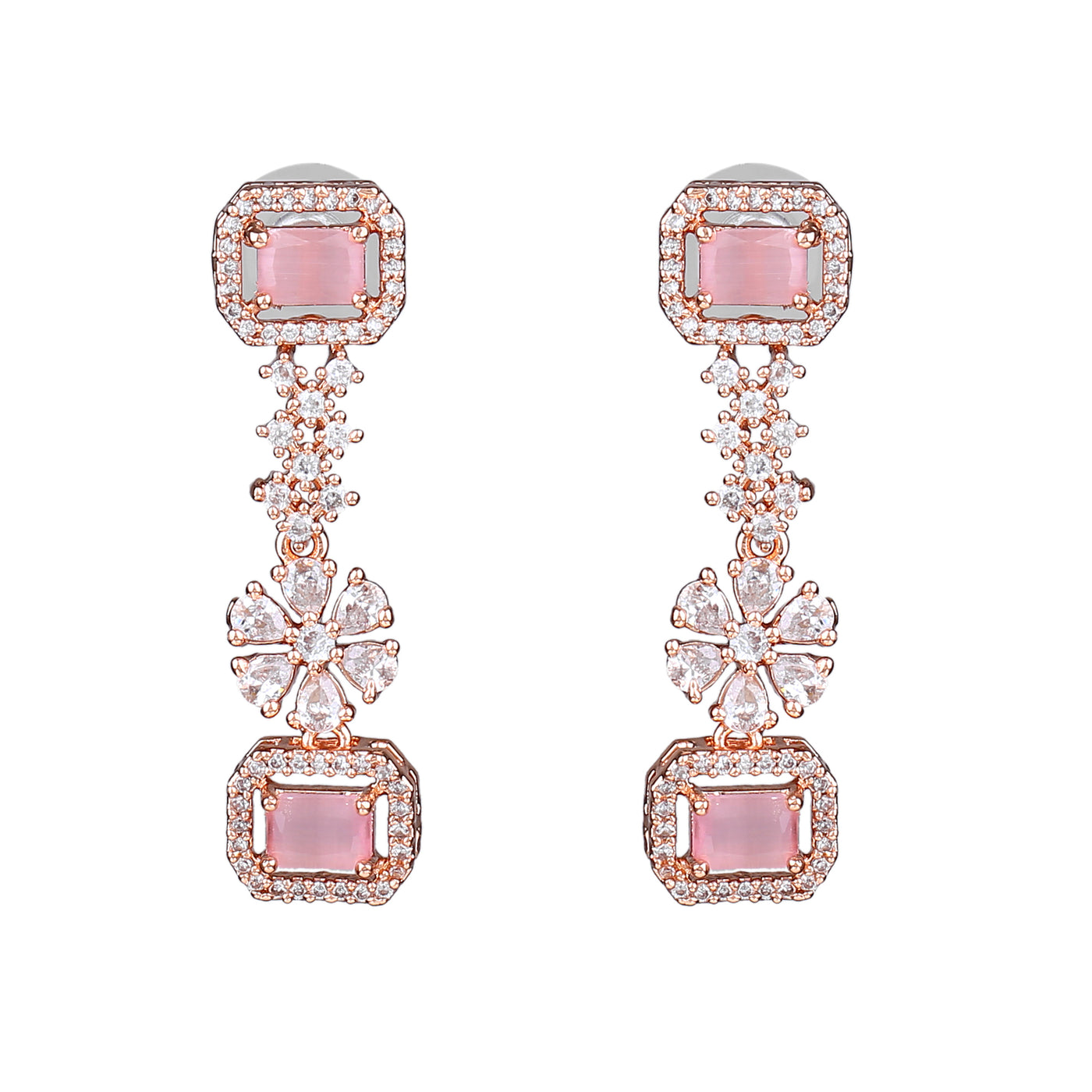 Estele Rose Gold Plated CZ Captivating Double Layered Necklace Set with Mint Pink & White Crystals for Women