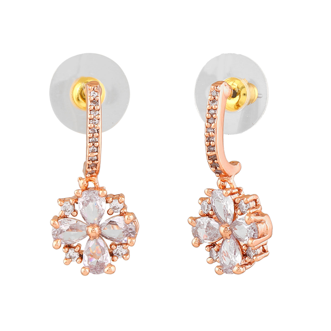 Estele Rose Gold Plated CZ Flower Designer Drop Earrings for Women