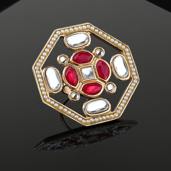 Gold plated polki white and pink kundan ethnic traditional maharani ring