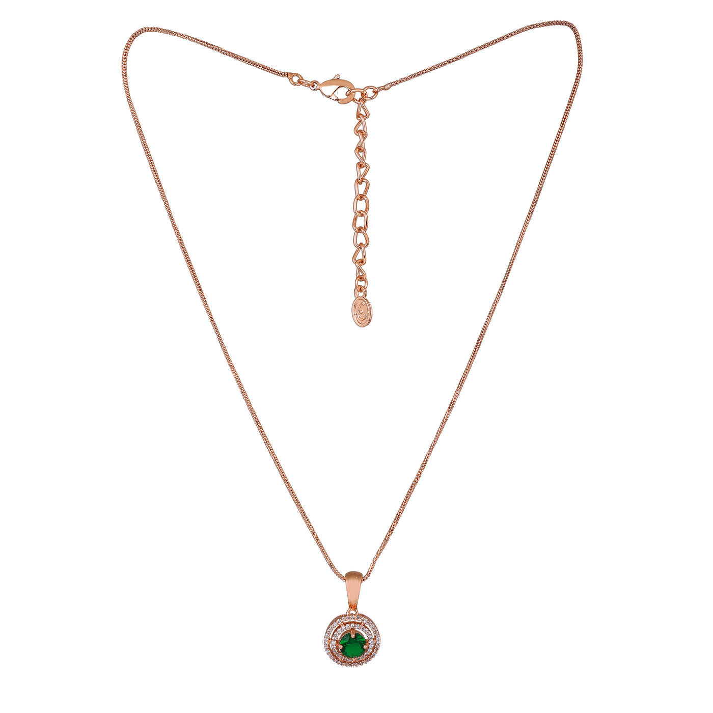 Estele Rose Gold Plated CZ Circular Designer Pendant Set with Green Stones for Women