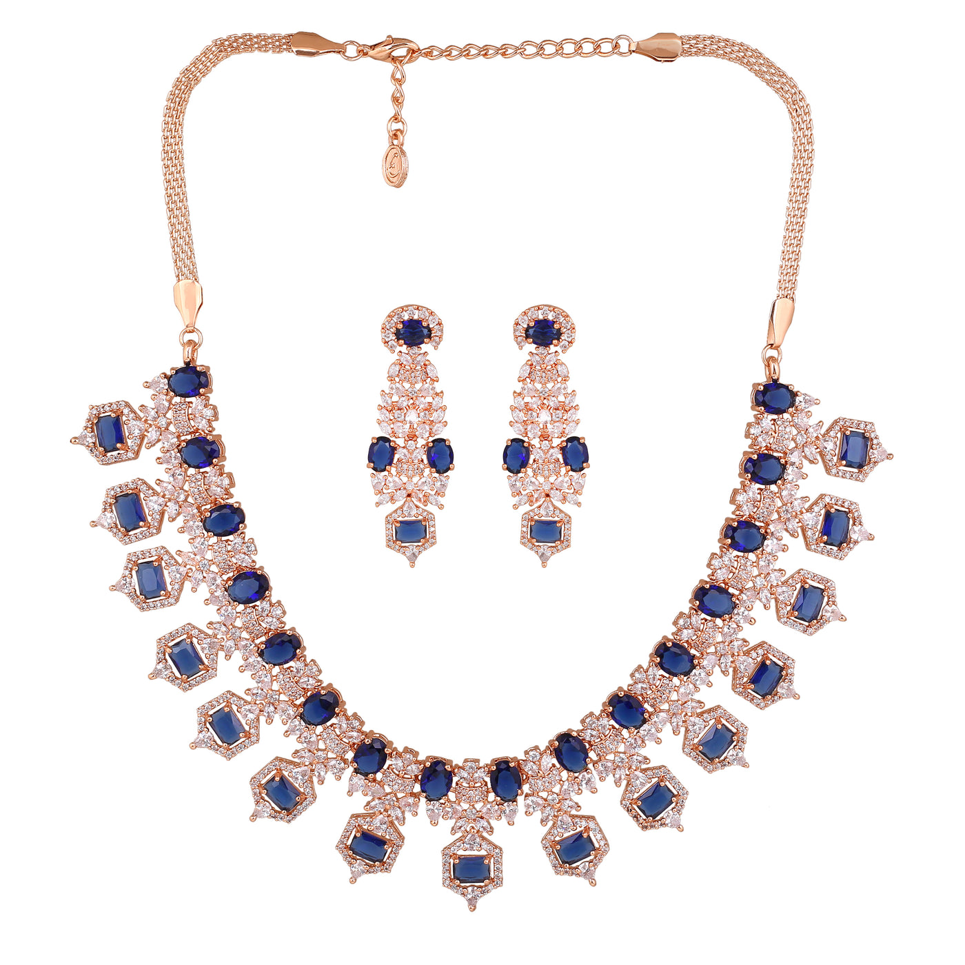 Estele Rose Gold Plated CZ Astonishing Necklace Set with Blue Stones for Women