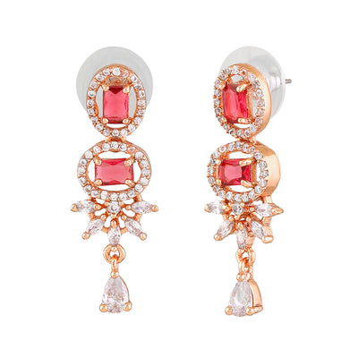 Estele Rose Gold Plated CZ Exquisite Drop Earrings with Tourmaline Pink Stones for Women