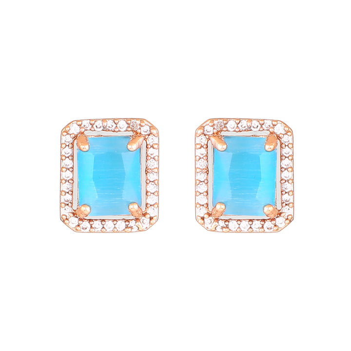 Estele Rose Gold Plated CZ Square Designer Earrings with Mint Blue for Women