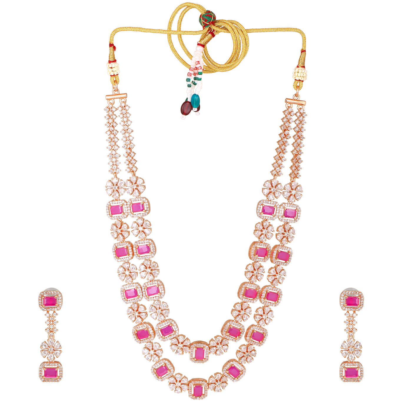 Estele Rose Gold Plated CZ Sparkling Two Layered Dulhan Necklace Set with Ruby Stones for Women