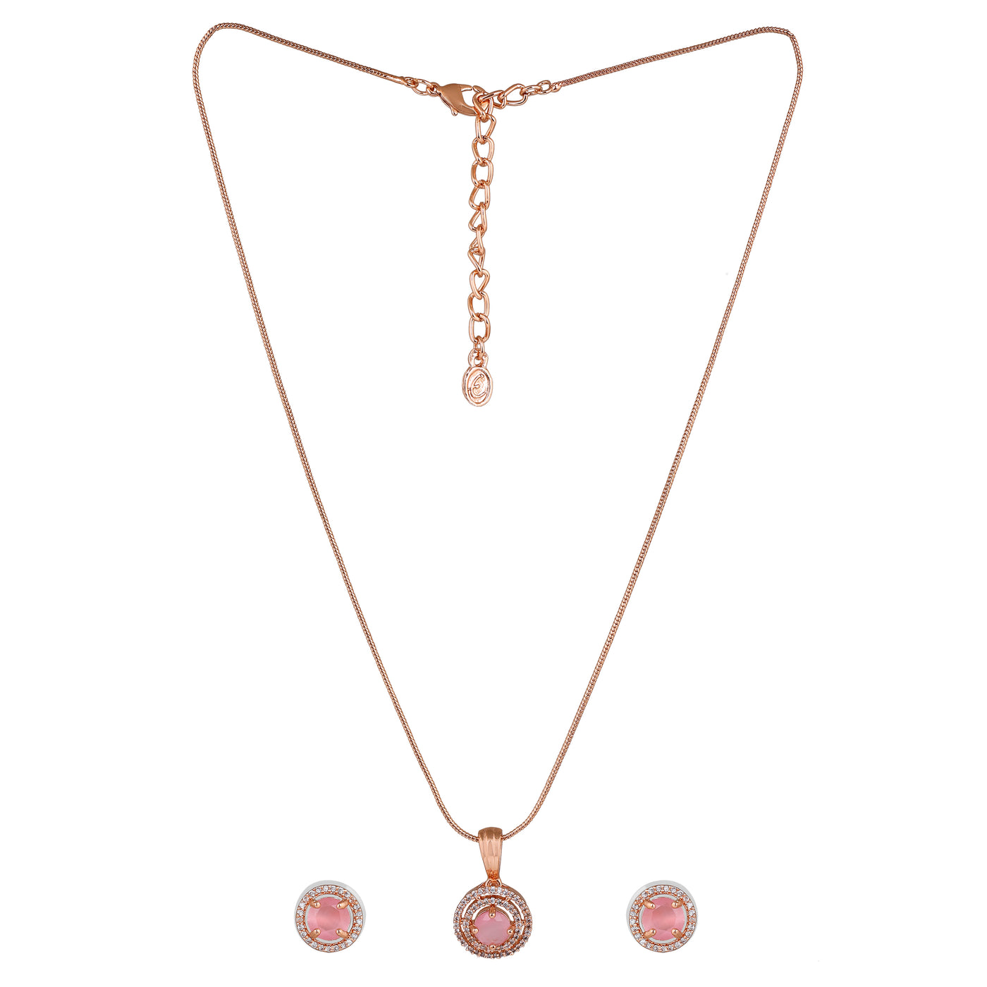 Estele Rose Gold Plated CZ Circular Designer Pendant Set with Mint Pink Stones for Women