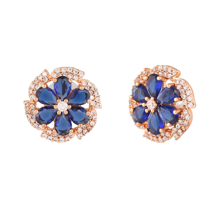 Estele Rose Gold Plated CZ Floral Designer Stud Earrings with Blue Stones for Women