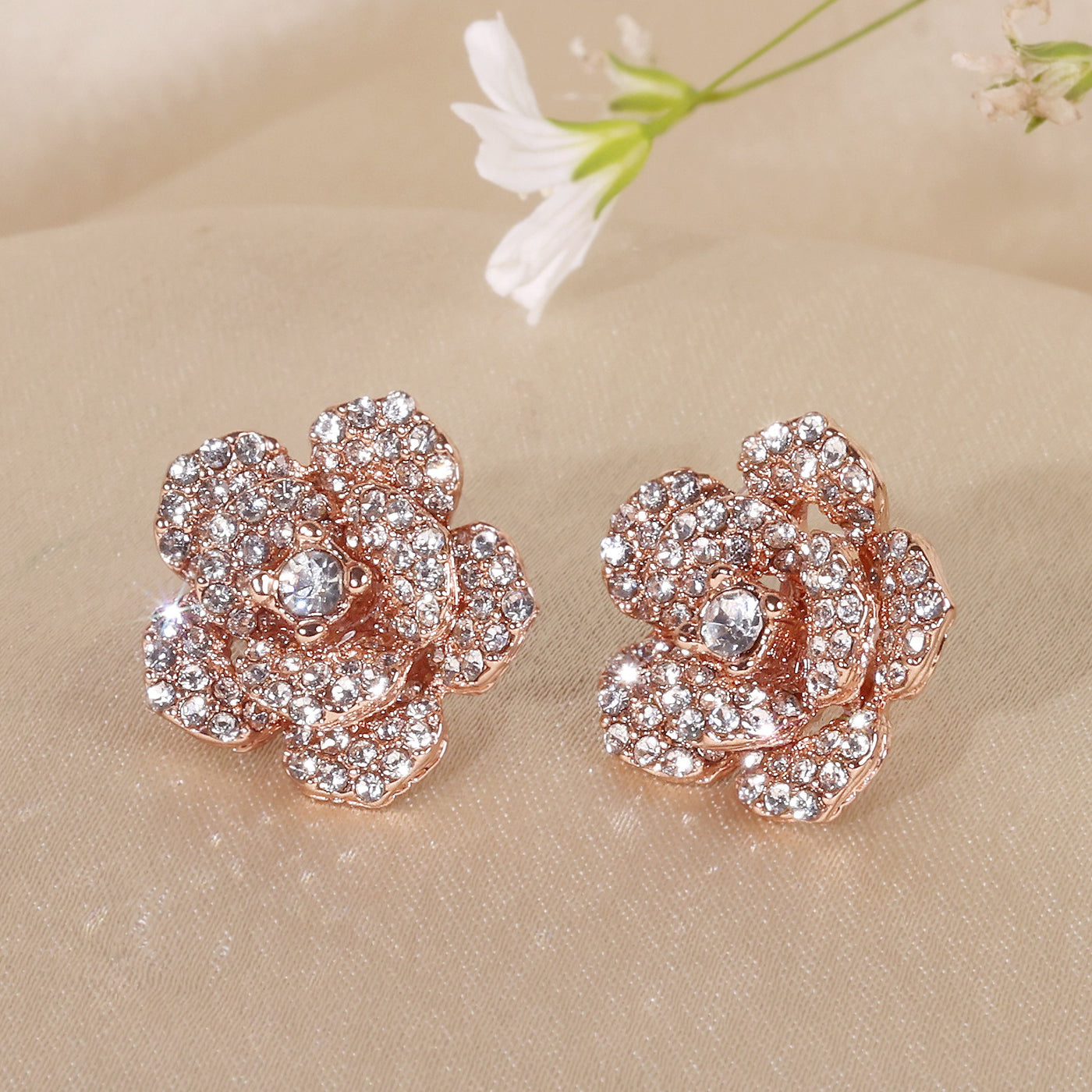 Estele Valentine ROSE Special â€“ Premium Rosegold Plated Floral Rose Stud Earrings for Women with White Austrian Crystals â€“  A Symbol of Everlasting Love