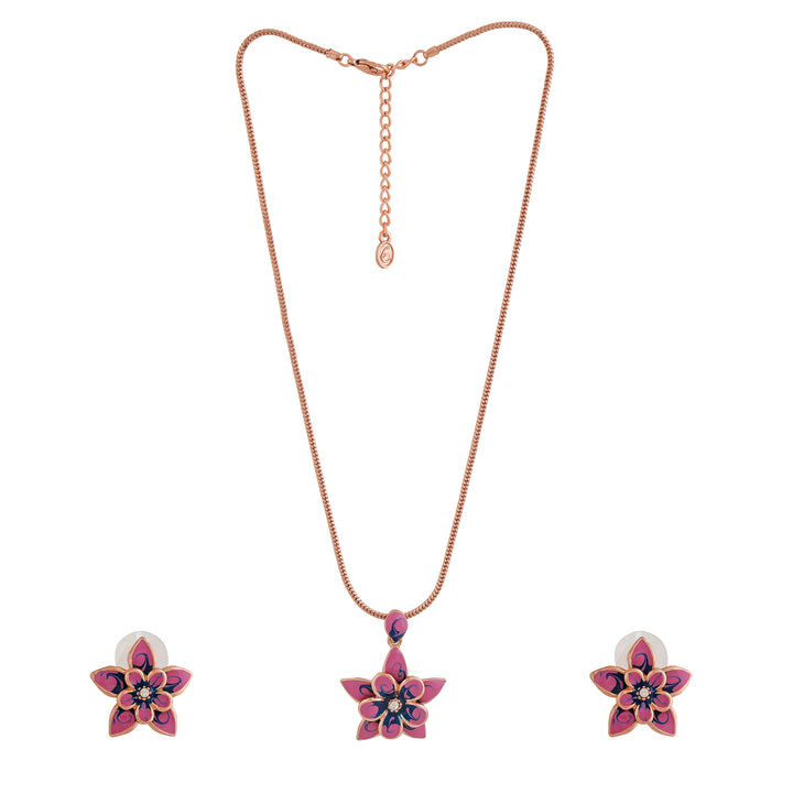 Estele Rose Gold Plated Flower Shaped Necklace Set with Enamel for Women