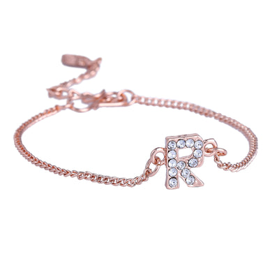 Estele Rose Gold Plated Captivating Medium 'R' Letter Bracelet with Crystals for Women