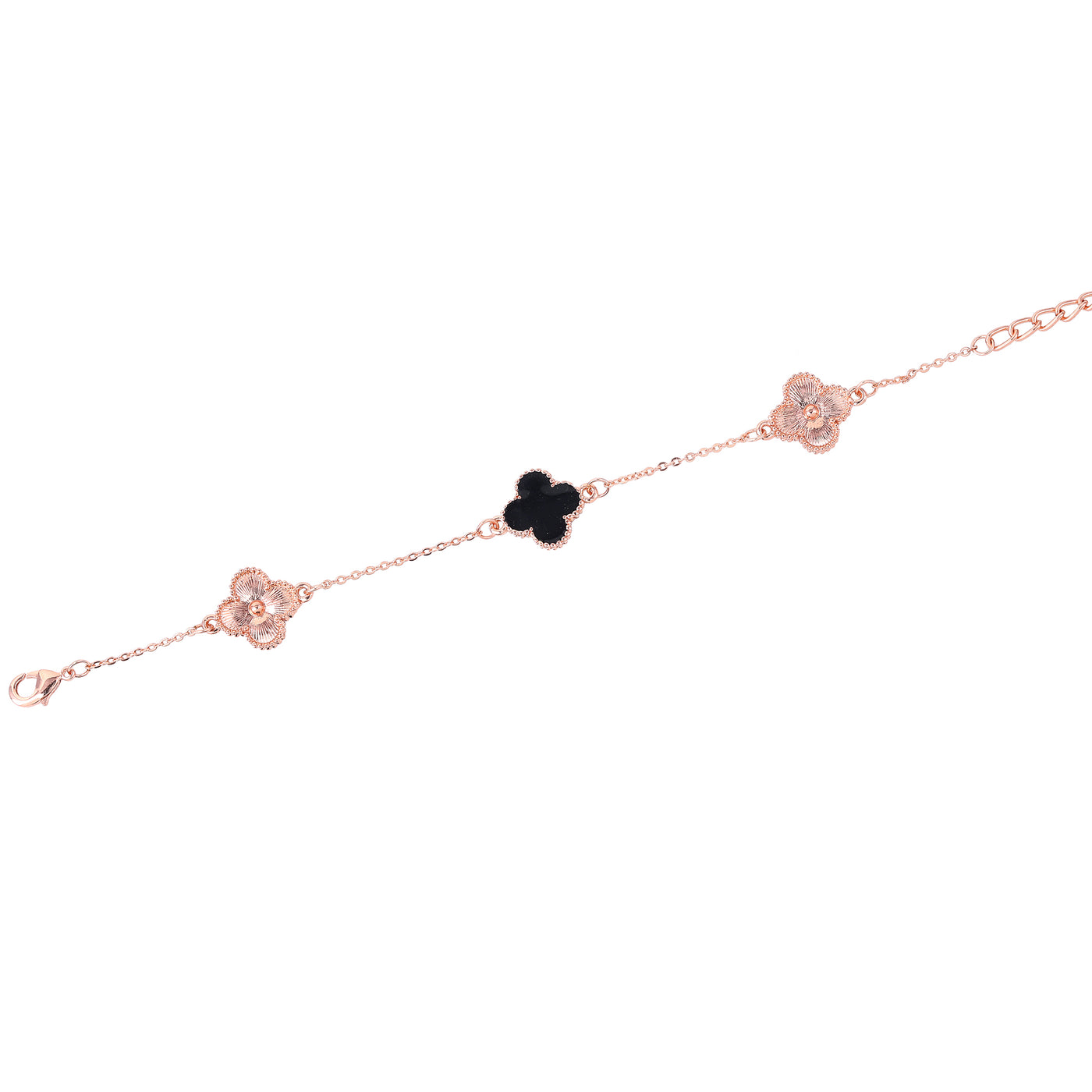 Estele Rosegold Plated Splendid Black Clover Leaf Designer Adjustable Charm Bracelet for Girls and Women