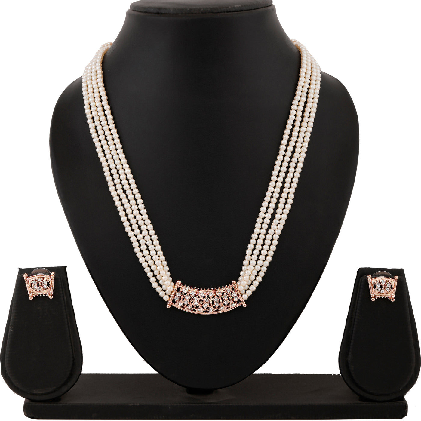 Estele Rose Gold Plated Sparkling Pearl Necklace Set with Crystals for Women