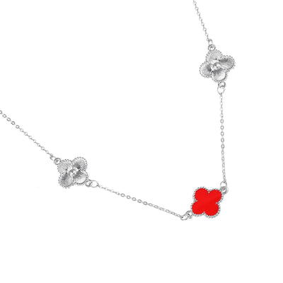 Estele Rhodium Plated Red Enamel Captivating Four Leafy Designed Long Pendant Necklace with Adjustable Chain for Women and Girls