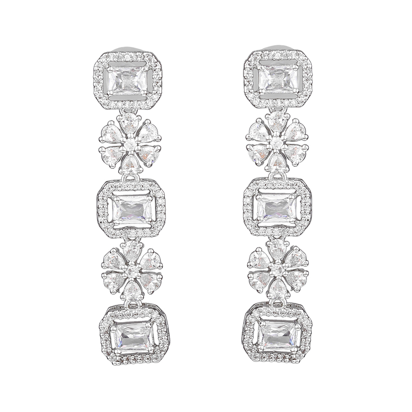 Estele Rhodium Plated CZ Magnificent Designer Three Layered Necklace Set with White Crystals for Women