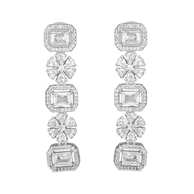 Estele Rhodium Plated CZ Magnificent Designer Three Layered Necklace Set with White Crystals for Women