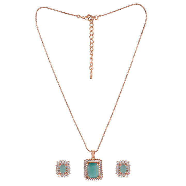 Estele Rose Gold Plated CZ Square Designer Pendant set with Mint Green Stones for Women
