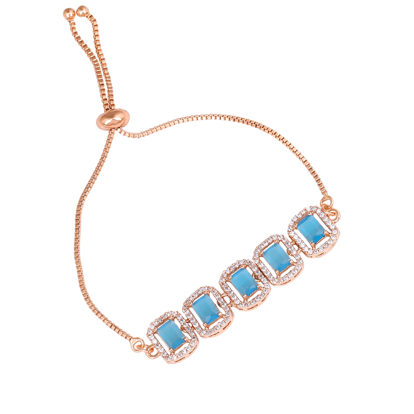 Estele Rose Gold Plated CZ Ossum Octagon Bracelet with Mint Blue Stones for Women