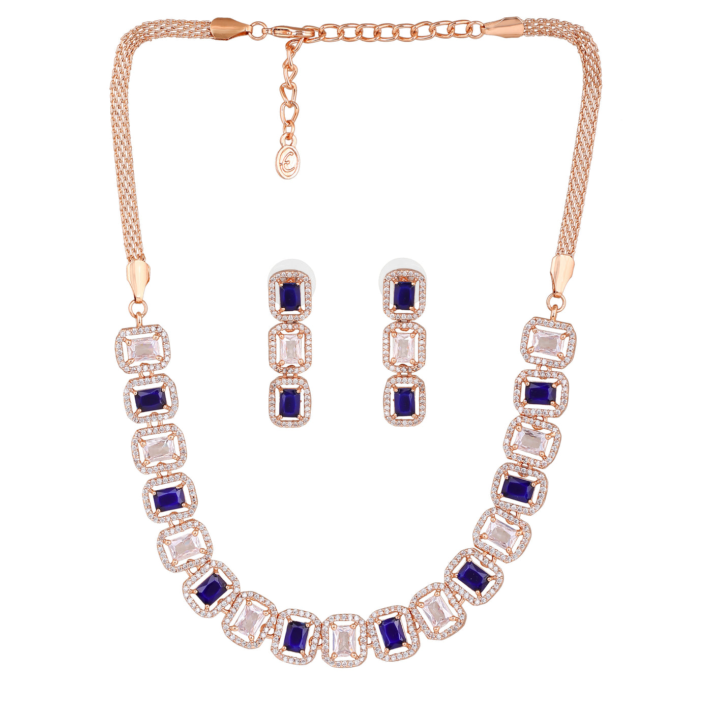 Estele Rose Gold Plated CZ Elegant Neklace Set with Blue Stones for Women