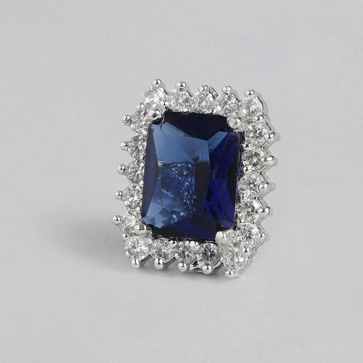 Estele Rhodium Plated CZ Square Shaped Pendant Set with Blue Stones for Women