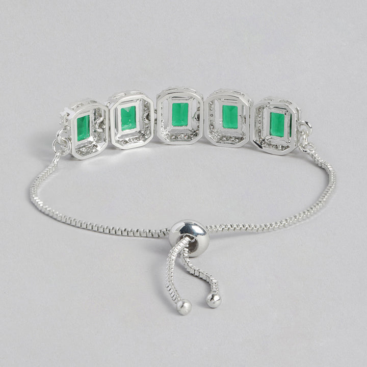 Estele Rhodium Plated CZ Ossum Octagon Bracelet With Emerald Crystals for Women