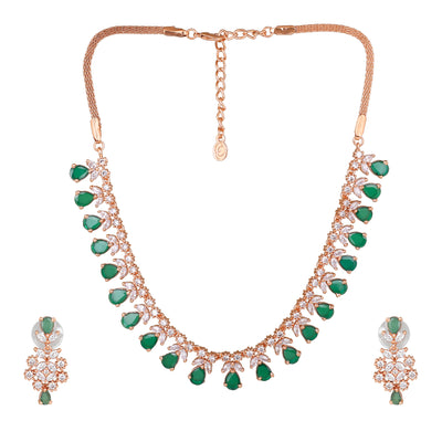 Estele Rose Gold Plated CZ Glamorous Necklace Set with Green Stones for Women