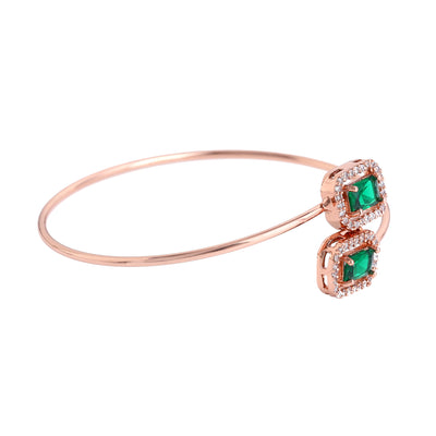 Estele Rosegold Plated Gorgeous Square Designer Lightweight Cuff Kada Bracelet with Green American Diamonds for Women